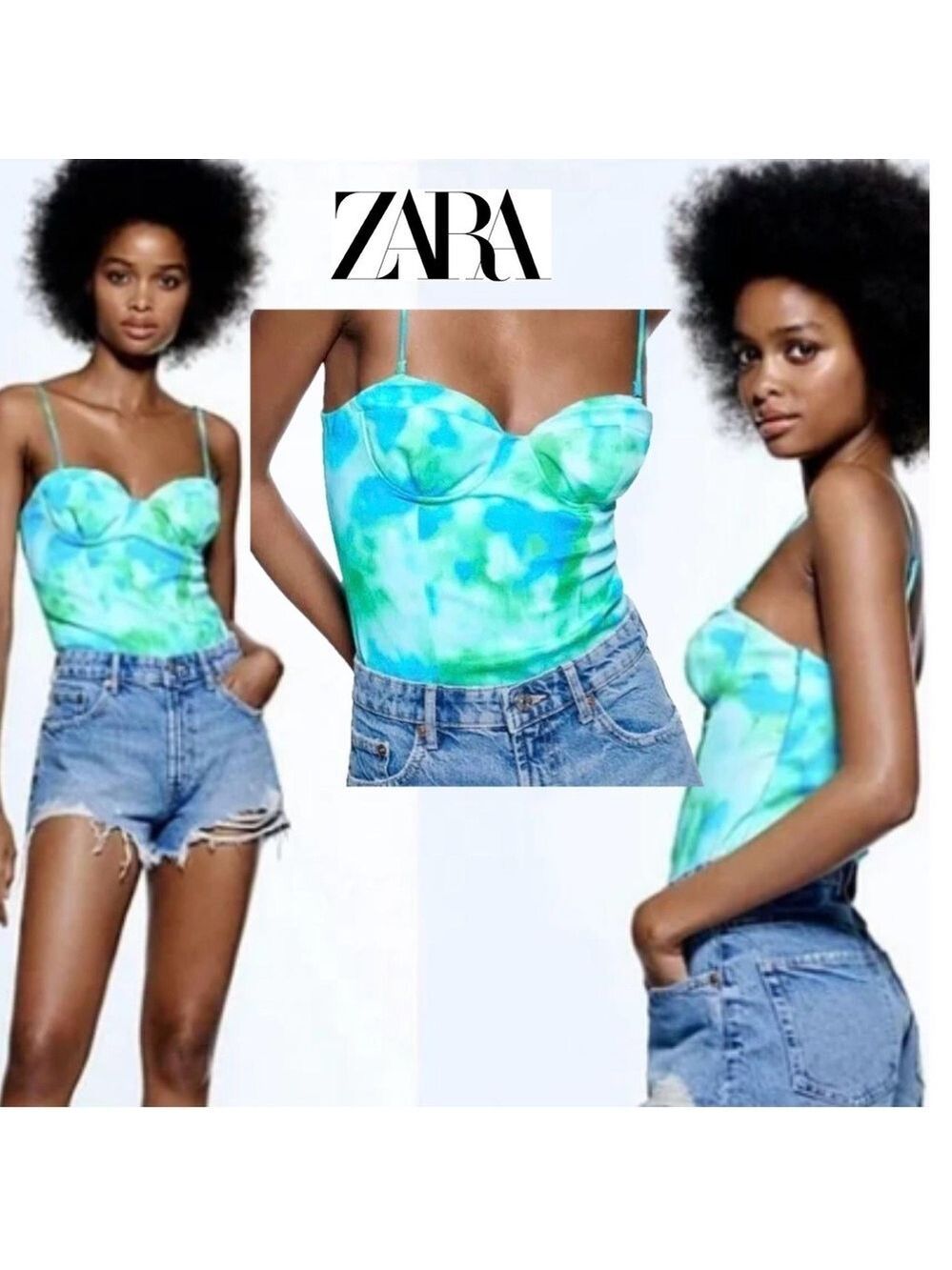 Zara blue green tie-dye ombre spaghetti strap bustier corset bodysuit Sz S NWOT